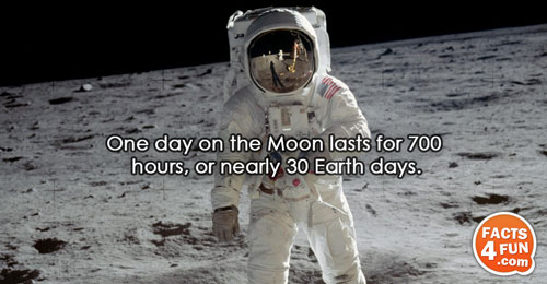 
One day on the Moon lasts for 700 hours, or nearly 30 Earth days.