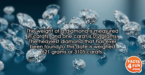 The weight of a diamond is measured in carats, and one carat is 0.2 grams. The