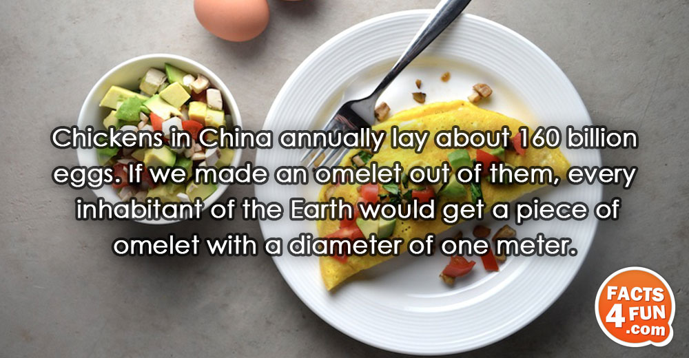 
Chickens in China annually lay about 160 billion eggs. If we made an omelet out of