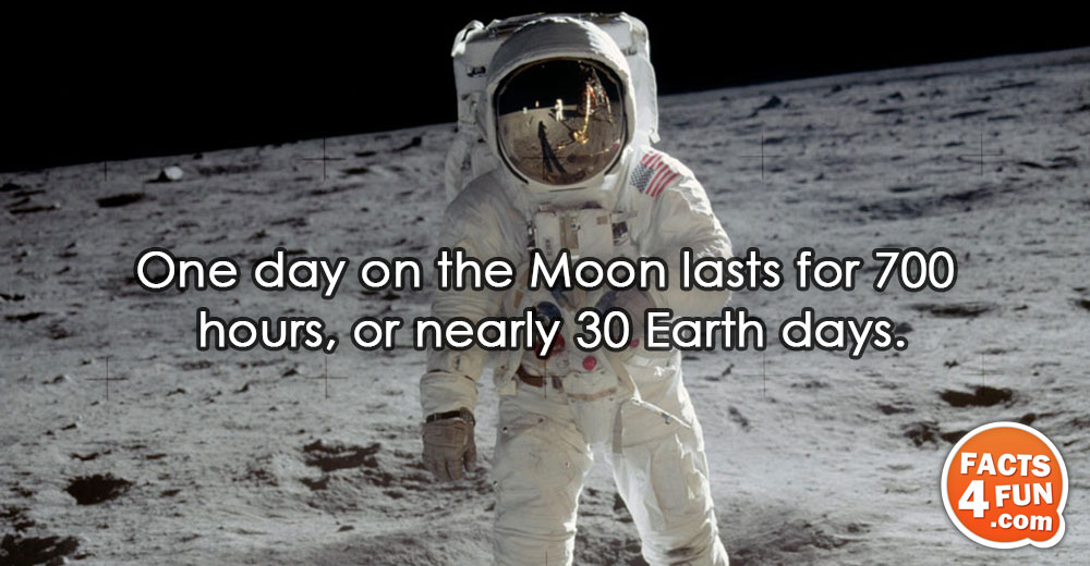 
One day on the Moon lasts for 700 hours, or nearly 30 Earth days.