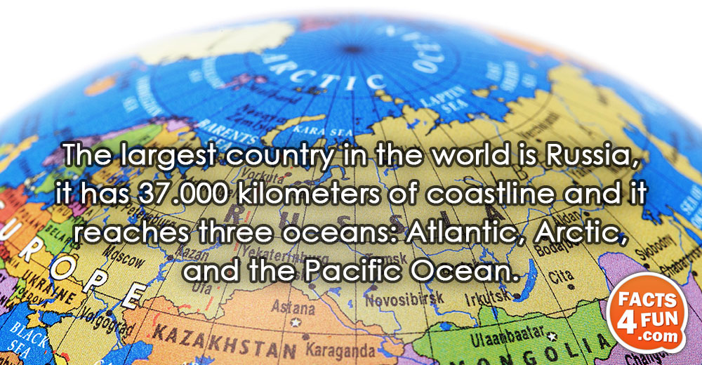 
The largest country in the world is Russia, it has 37.000 kilometers of coastline and it